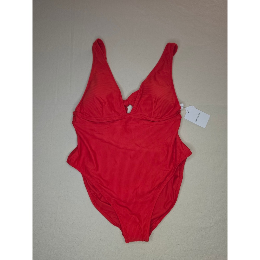 Solid & Striped Ribbed Deep Plunge One Piece Swimsuit Red XL NWT